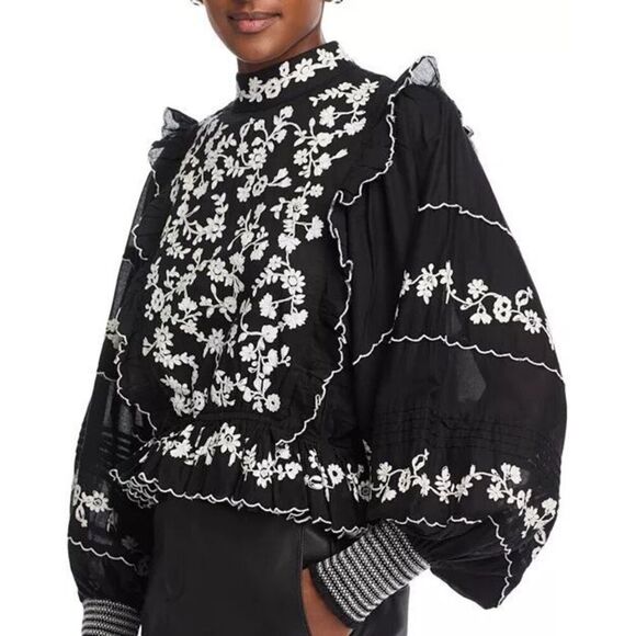 Farm Rio Women's Black White Embroidered Ruffle Long Sleeve Blouse Small NWOT - Picture 5 of 15